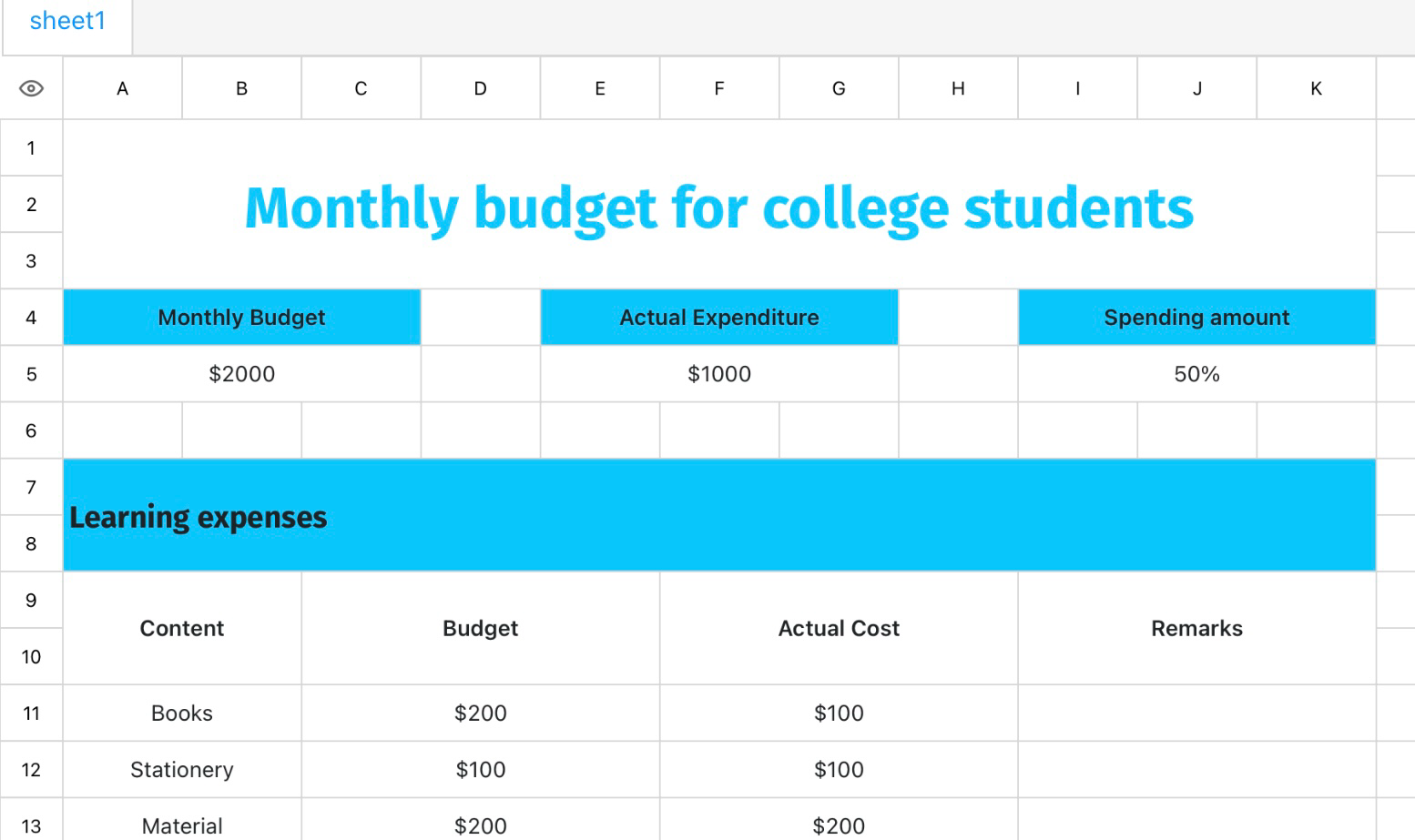 Monthly budget for college students